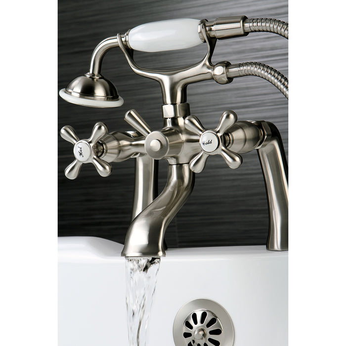 Kingston KS268SN Three-Handle 2-Hole Deck Mount Clawfoot Tub Faucet with Hand Shower, Brushed Nickel
