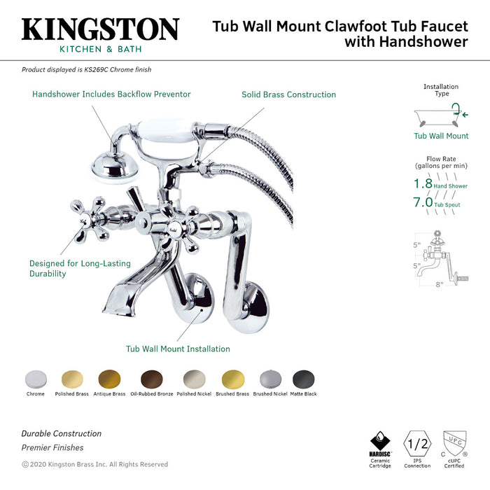 Kingston KS269PN Three-Handle 2-Hole Tub Wall Mount Clawfoot Tub Faucet with Hand Shower, Polished Nickel