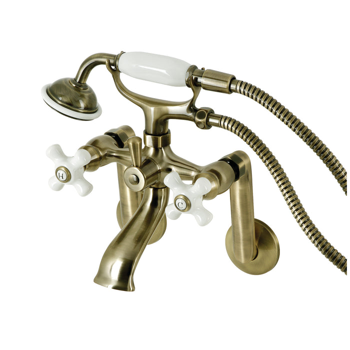 Kingston KS269PXAB Three-Handle 2-Hole Tub Wall Mount Clawfoot Tub Faucet with Hand Shower, Antique Brass