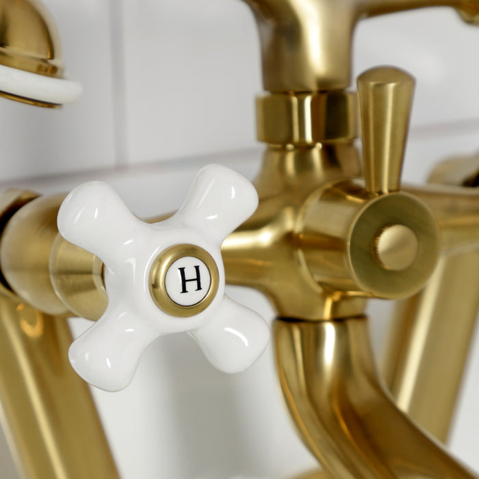 Kingston KS269PXSB Three-Handle 2-Hole Tub Wall Mount Clawfoot Tub Faucet with Hand Shower, Brushed Brass
