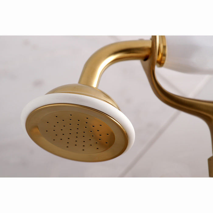 Kingston KS269SB Three-Handle 2-Hole Tub Wall Mount Clawfoot Tub Faucet with Hand Shower, Brushed Brass
