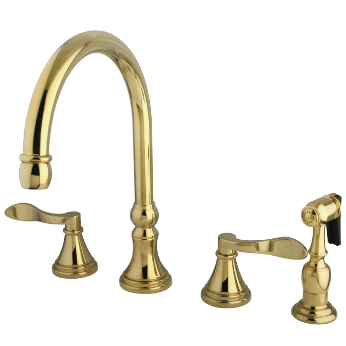 NuFrench KS2792DFLBS Two-Handle 4-Hole Deck Mount Widespread Kitchen Faucet with Brass Sprayer, Polished Brass