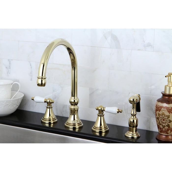Governor KS2792PLBS Two-Handle 4-Hole Deck Mount Widespread Kitchen Faucet with Brass Sprayer, Polished Brass