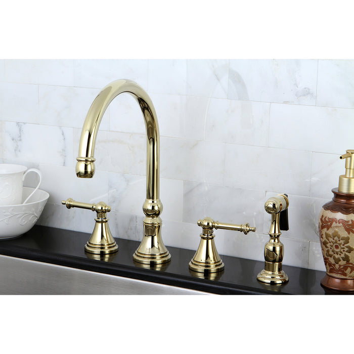 Templeton KS2792TLBS Two-Handle 4-Hole Deck Mount Widespread Kitchen Faucet with Brass Sprayer, Polished Brass