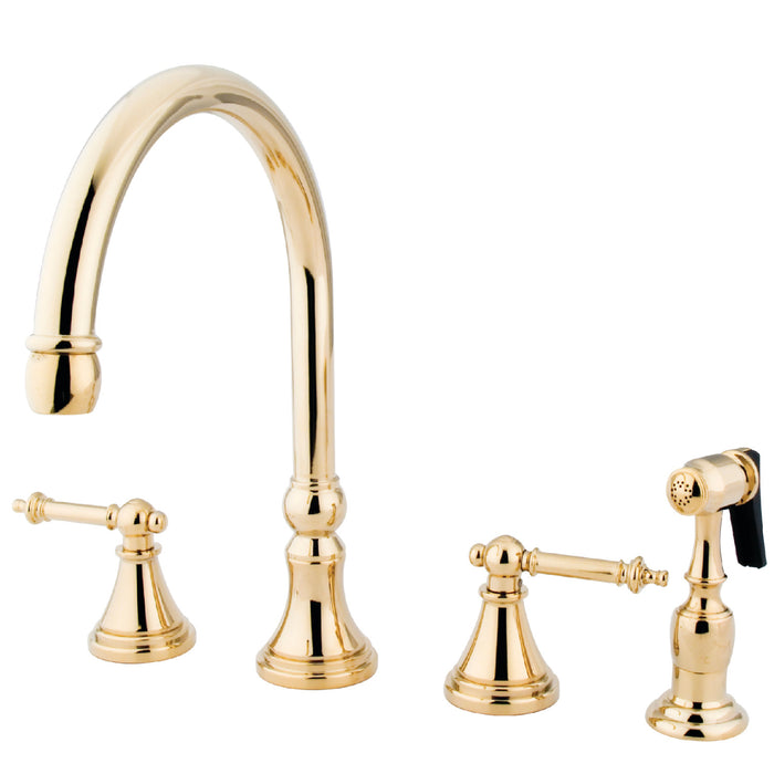 Templeton KS2792TLBS Two-Handle 4-Hole Deck Mount Widespread Kitchen Faucet with Brass Sprayer, Polished Brass