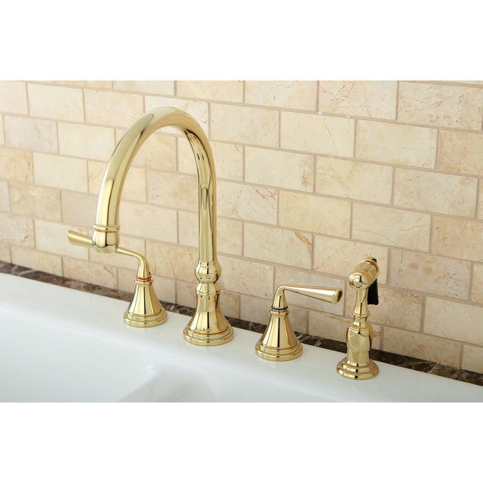 Silver Sage KS2792ZLBS Two-Handle 4-Hole Deck Mount Widespread Kitchen Faucet with Brass Sprayer, Polished Brass