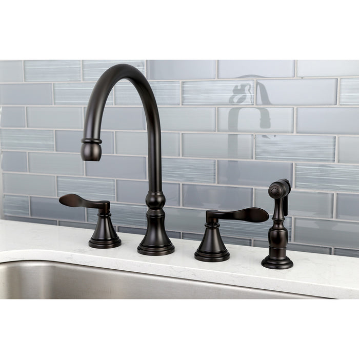 NuFrench KS2795DFLBS Two-Handle 4-Hole Deck Mount Widespread Kitchen Faucet with Brass Sprayer, Oil Rubbed Bronze
