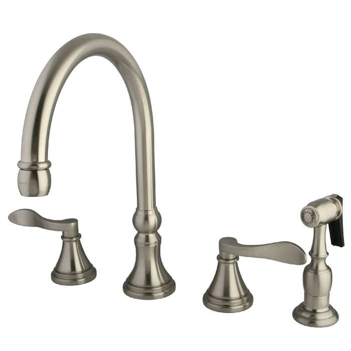 NuFrench KS2798DFLBS Two-Handle 4-Hole Deck Mount Widespread Kitchen Faucet with Brass Sprayer, Brushed Nickel