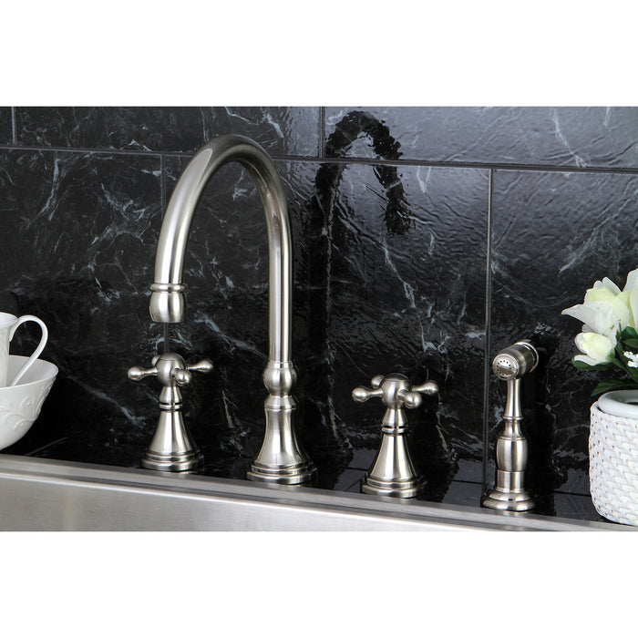 Governor KS2798KXBS Two-Handle 4-Hole Deck Mount Widespread Kitchen Faucet with Brass Sprayer, Brushed Nickel