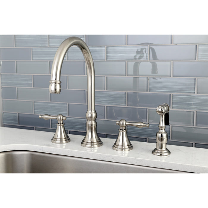 Governor KS2798NLBS Two-Handle 4-Hole Deck Mount Widespread Kitchen Faucet with Brass Sprayer, Brushed Nickel