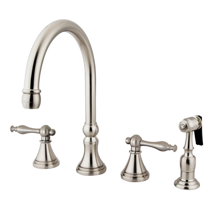 Governor KS2798NLBS Two-Handle 4-Hole Deck Mount Widespread Kitchen Faucet with Brass Sprayer, Brushed Nickel