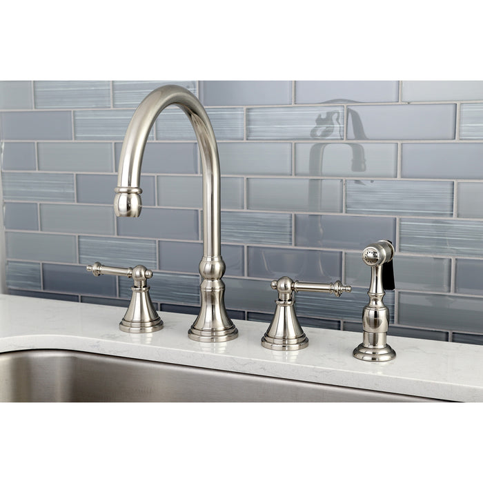 Templeton KS2798TLBS Two-Handle 4-Hole Deck Mount Widespread Kitchen Faucet with Brass Sprayer, Brushed Nickel