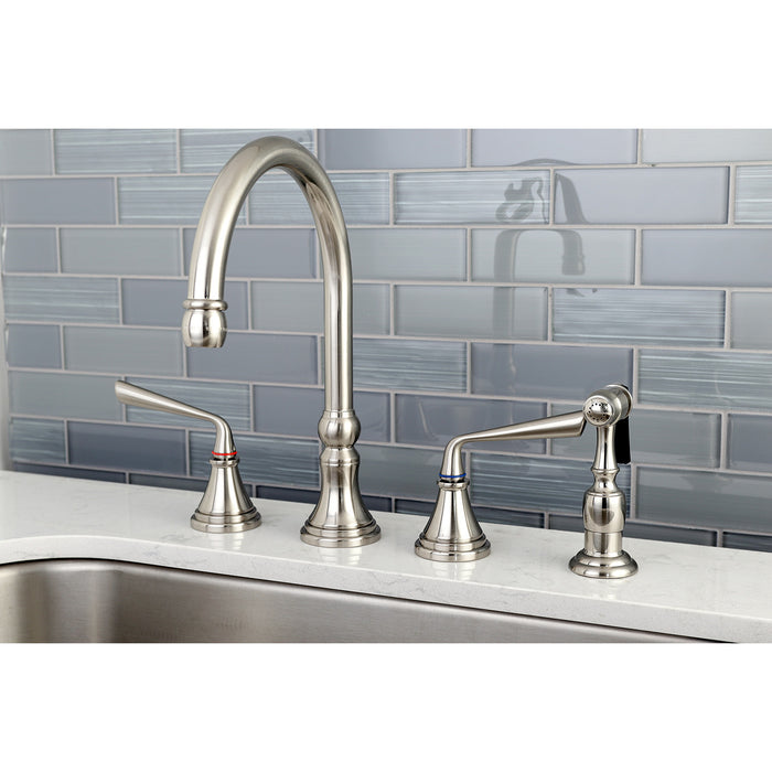 Silver Sage KS2798ZLBS Two-Handle 4-Hole Deck Mount Widespread Kitchen Faucet with Brass Sprayer, Brushed Nickel