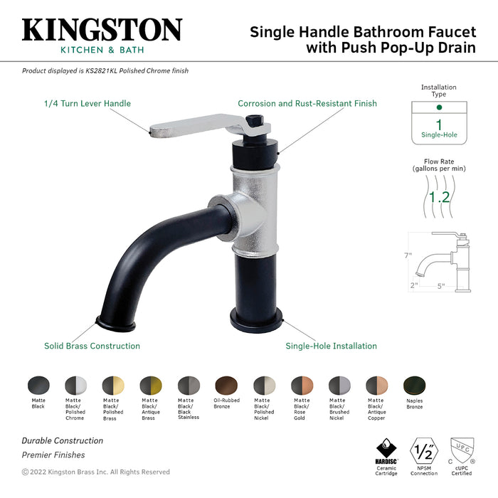 Whitaker KS2823KL Single-Handle 1-Hole Deck Mount Bathroom Faucet with Push Pop-Up, Matte Black/Antique Brass