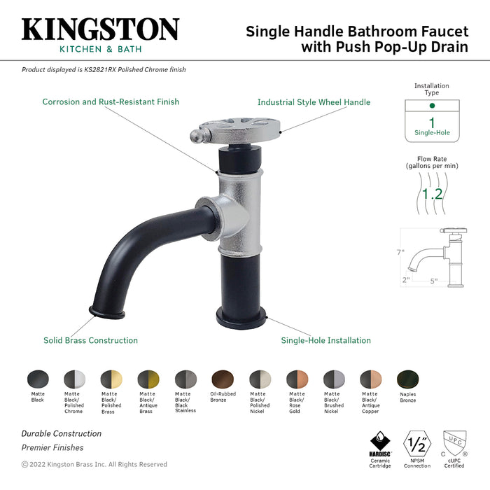 Belknap KS2824RX Single-Handle 1-Hole Deck Mount Bathroom Faucet with Push Pop-Up, Matte Black/Black Stainless