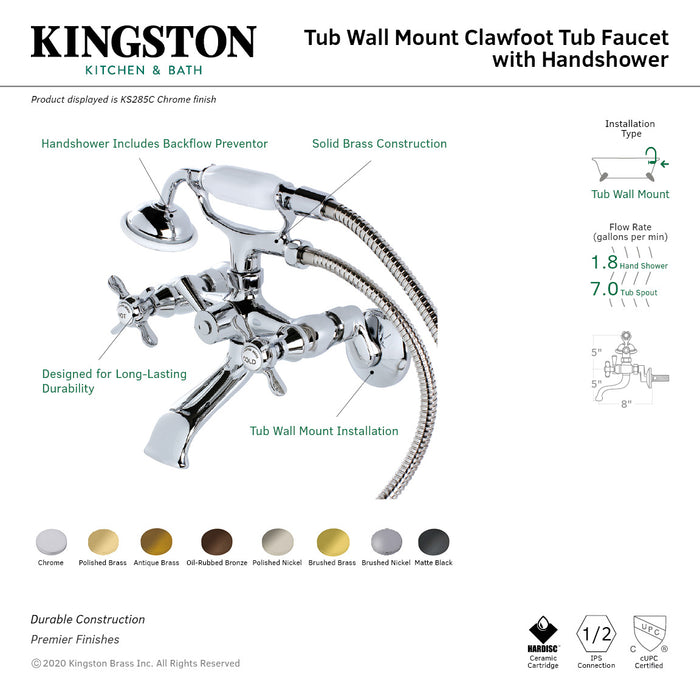 Essex KS285AB Three-Handle 2-Hole Tub Wall Mount Clawfoot Tub Faucet with Hand Shower, Antique Brass
