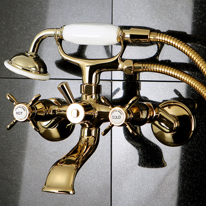 Essex KS285PB Three-Handle 2-Hole Tub Wall Mount Clawfoot Tub Faucet with Hand Shower, Polished Brass