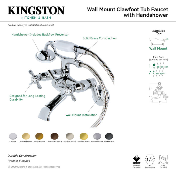 Essex KS286PB Three-Handle 2-Hole Wall Mount Clawfoot Tub Faucet with Hand Shower, Polished Brass