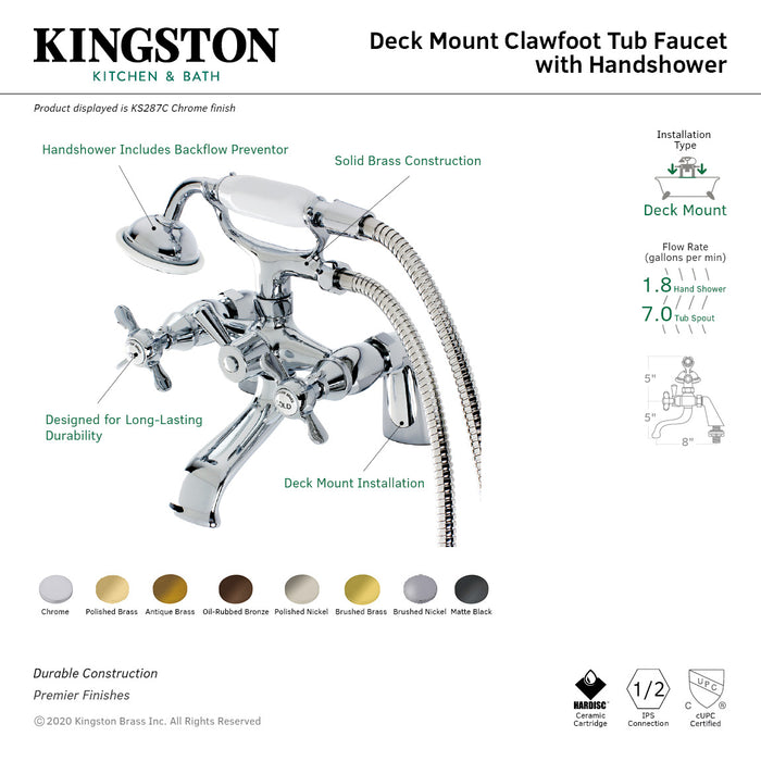 Essex KS287PB Three-Handle 2-Hole Deck Mount Clawfoot Tub Faucet with Hand Shower, Polished Brass