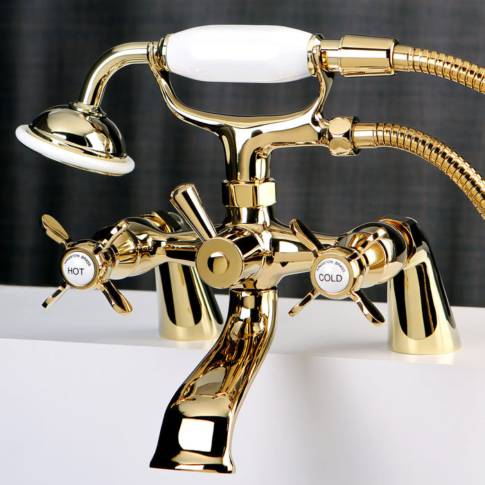 Essex KS287PB Three-Handle 2-Hole Deck Mount Clawfoot Tub Faucet with Hand Shower, Polished Brass