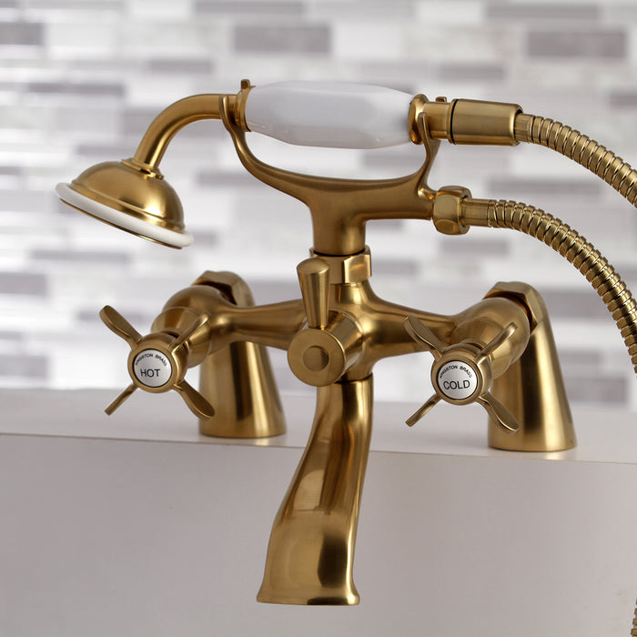 Essex KS287SB Three-Handle 2-Hole Deck Mount Clawfoot Tub Faucet with Hand Shower, Brushed Brass