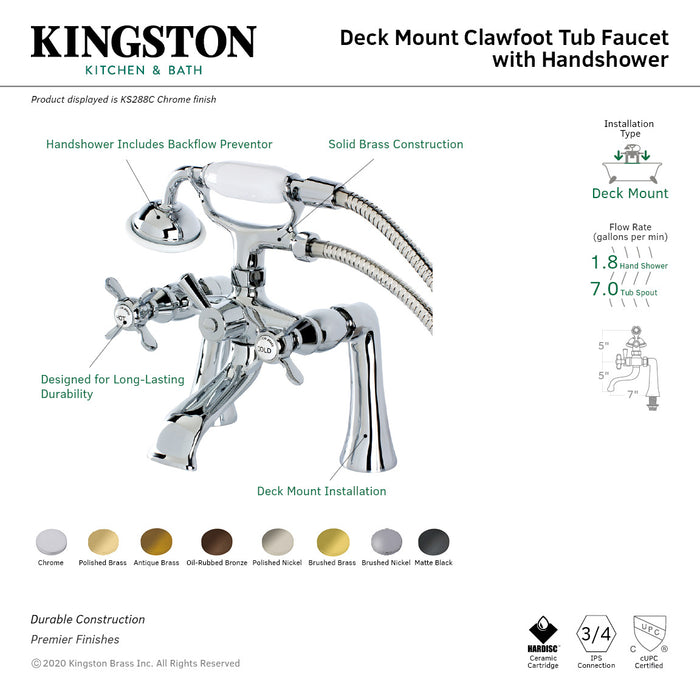 Essex KS288PN Three-Handle 2-Hole Deck Mount Clawfoot Tub Faucet with Hand Shower, Polished Nickel