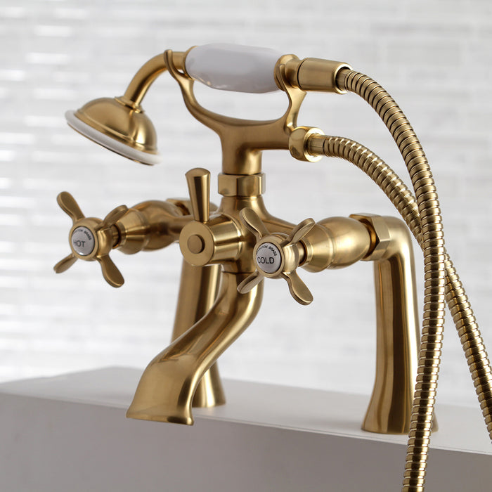 Essex KS288SB Three-Handle 2-Hole Deck Mount Clawfoot Tub Faucet with Hand Shower, Brushed Brass
