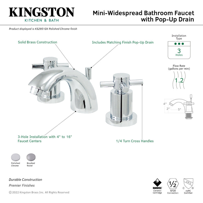 Concord KS2951DX Two-Handle 3-Hole Deck Mount Mini-Widespread Bathroom Faucet with Brass Pop-Up, Polished Chrome