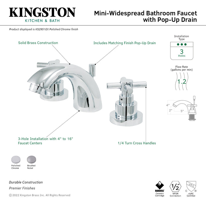 KS2951EX Two-Handle 3-Hole Deck Mount Mini-Widespread Bathroom Faucet with Brass Pop-Up, Polished Chrome