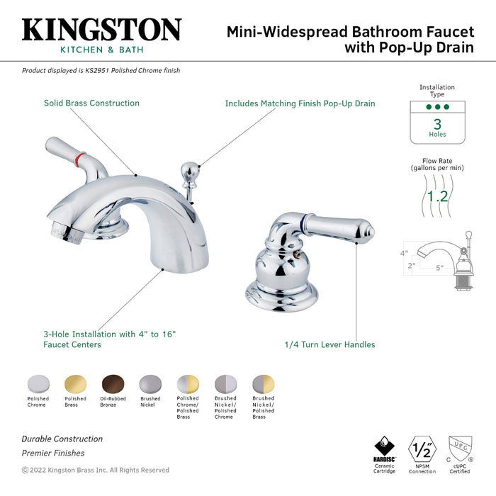 KS2957 Two-Handle 3-Hole Deck Mount Mini-Widespread Bathroom Faucet with Brass Pop-Up, Brushed Nickel/Polished Chrome