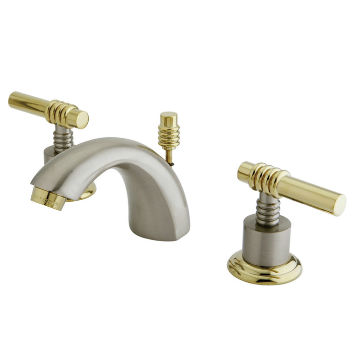 KS2959ML Two-Handle 3-Hole Deck Mount Mini-Widespread Bathroom Faucet with Brass Pop-Up, Brushed Nickel/Polished Brass