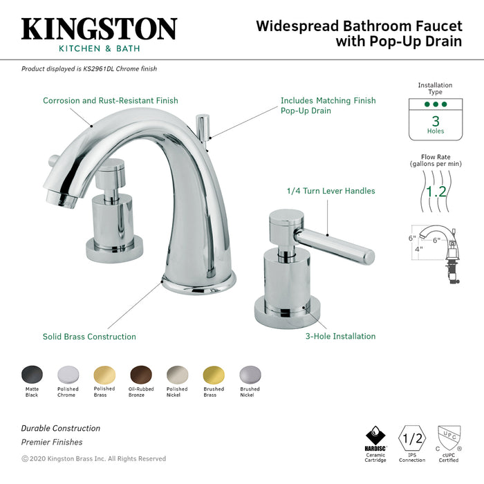 Concord KS2961DL Two-Handle 3-Hole Deck Mount Widespread Bathroom Faucet with Brass Pop-Up, Polished Chrome