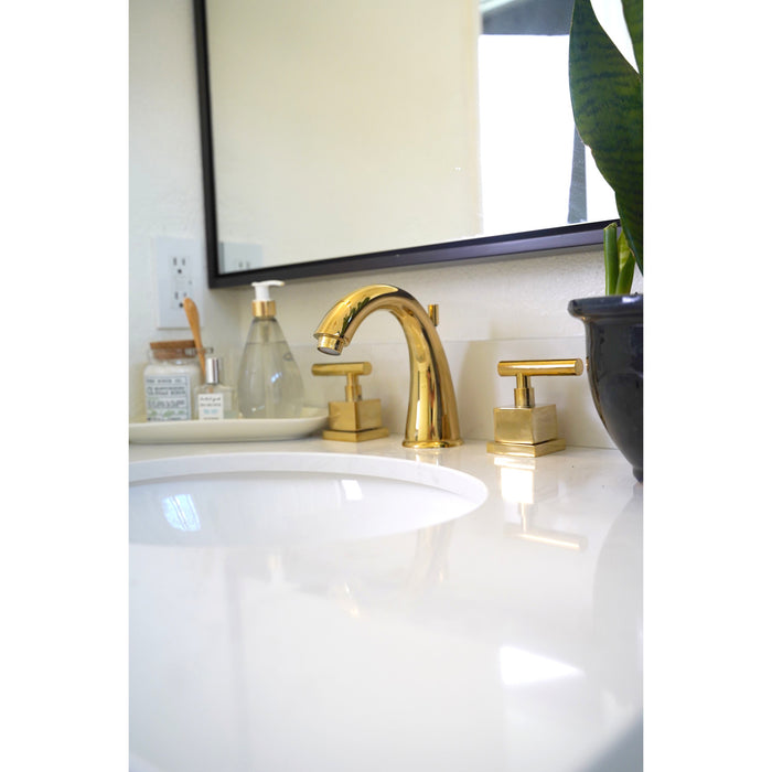 Claremont KS2962CQL Two-Handle 3-Hole Deck Mount Widespread Bathroom Faucet with Brass Pop-Up, Polished Brass
