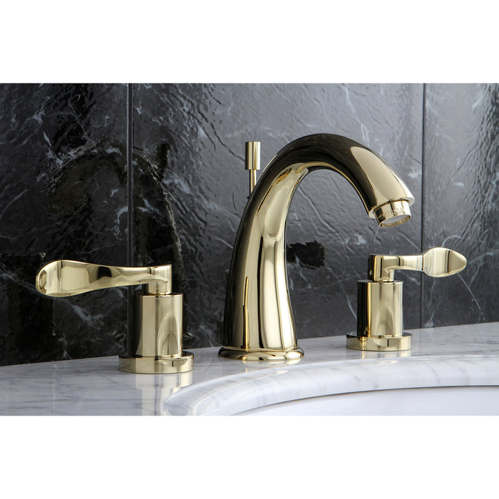 NuWave KS2962DFL Two-Handle 3-Hole Deck Mount Widespread Bathroom Faucet with Brass Pop-Up, Polished Brass