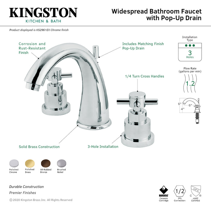 Kingston Tulare KS2962EX - Elinvar Two-Handle 3-Hole Deck Mount Widespread Bathroom Faucet with Brass Pop-Up, Polished Brass