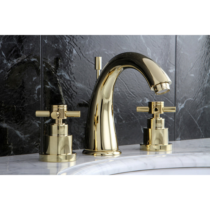 Kingston Tulare KS2962EX - Elinvar Two-Handle 3-Hole Deck Mount Widespread Bathroom Faucet with Brass Pop-Up, Polished Brass