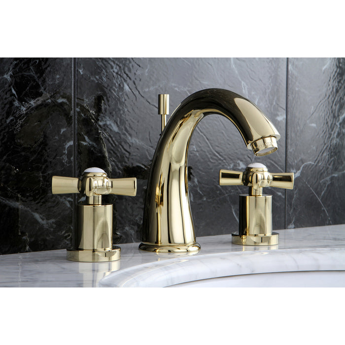 Kingston Tulare KS2962ZX - Millennium Two-Handle 3-Hole Deck Mount Widespread Bathroom Faucet with Brass Pop-Up, Polished Brass