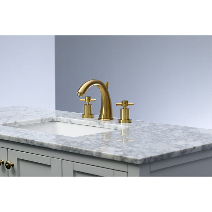 Concord KS2967DX Two-Handle 3-Hole Deck Mount Widespread Bathroom Faucet with Brass Pop-Up, Brushed Brass