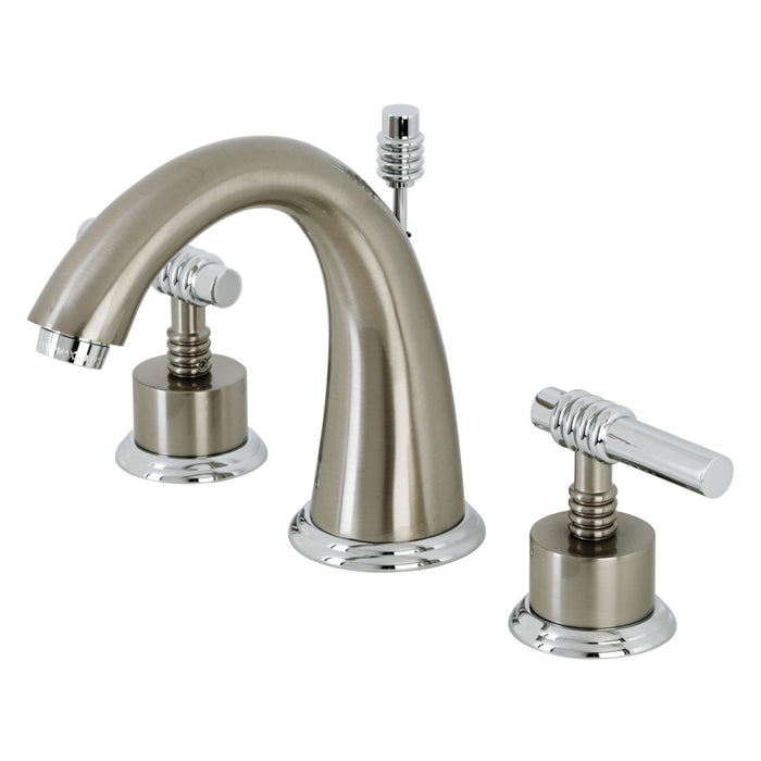 Milano KS2967ML Two-Handle 3-Hole Deck Mount Widespread Bathroom Faucet with Brass Pop-Up, Brushed Nickel/Polished Chrome