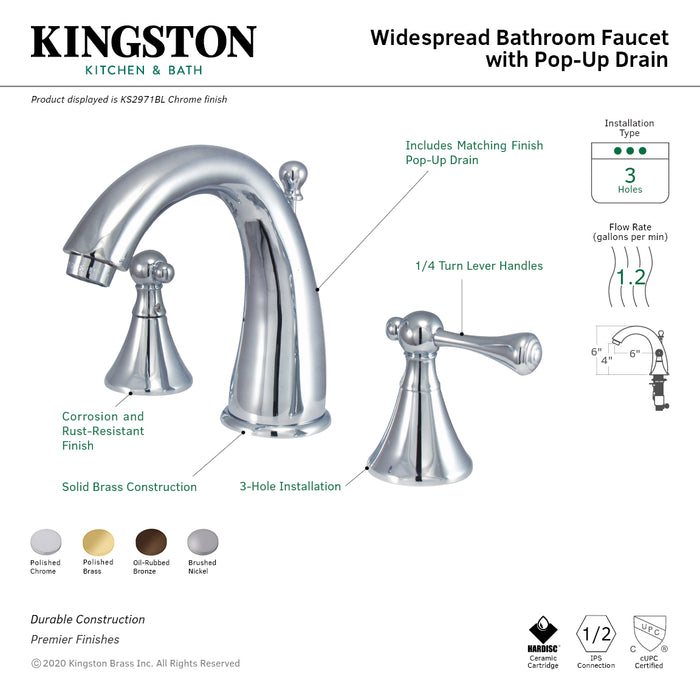 English Country KS2971BL Two-Handle 3-Hole Deck Mount Widespread Bathroom Faucet with Brass Pop-Up, Polished Chrome