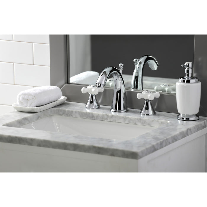 Kingston Tulare KS2971PX - Naples Two-Handle 3-Hole Deck Mount Widespread Bathroom Faucet with Brass Pop-Up, Polished Chrome