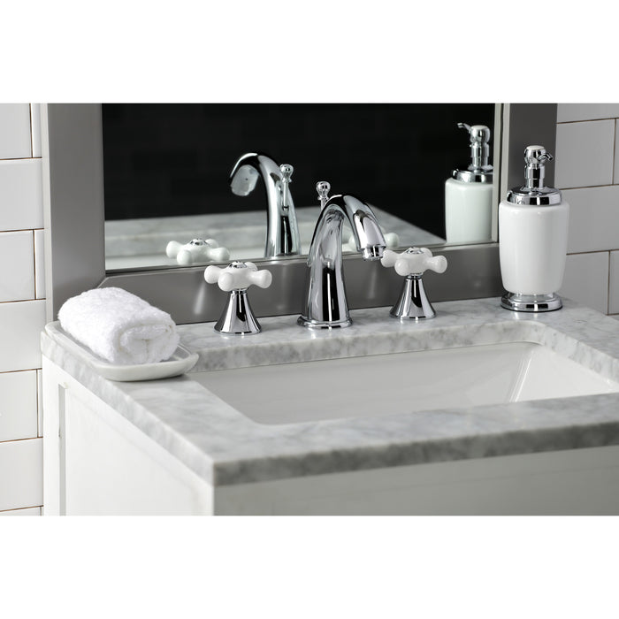 Kingston Tulare KS2971PX - Naples Two-Handle 3-Hole Deck Mount Widespread Bathroom Faucet with Brass Pop-Up, Polished Chrome