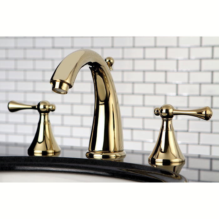 English Country KS2972BL Two-Handle 3-Hole Deck Mount Widespread Bathroom Faucet with Brass Pop-Up, Polished Brass