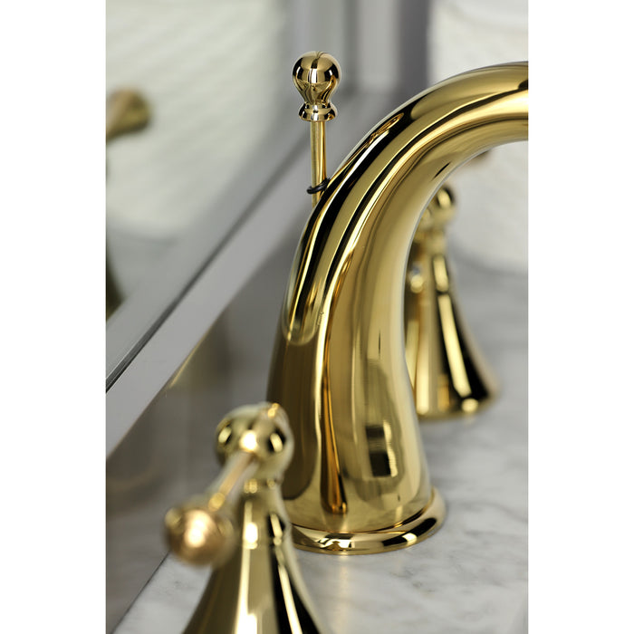 English Country KS2972BL Two-Handle 3-Hole Deck Mount Widespread Bathroom Faucet with Brass Pop-Up, Polished Brass