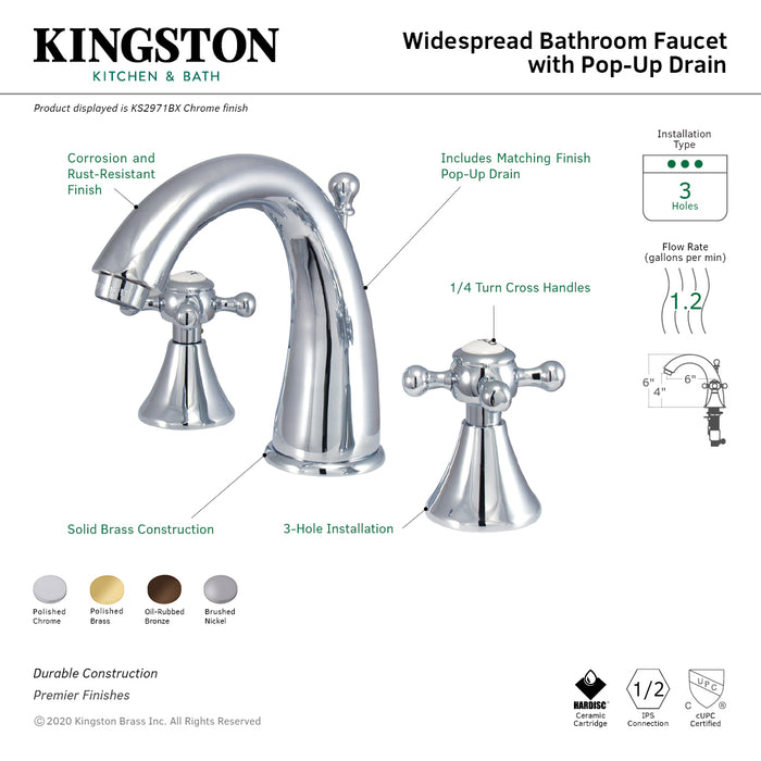 English Country KS2972BX Two-Handle 3-Hole Deck Mount Widespread Bathroom Faucet with Brass Pop-Up, Polished Brass