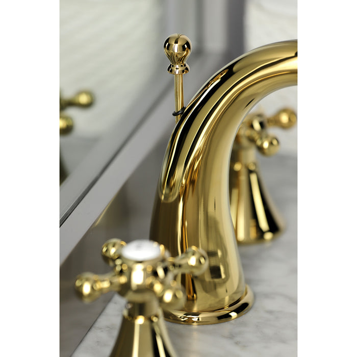 English Country KS2972BX Two-Handle 3-Hole Deck Mount Widespread Bathroom Faucet with Brass Pop-Up, Polished Brass