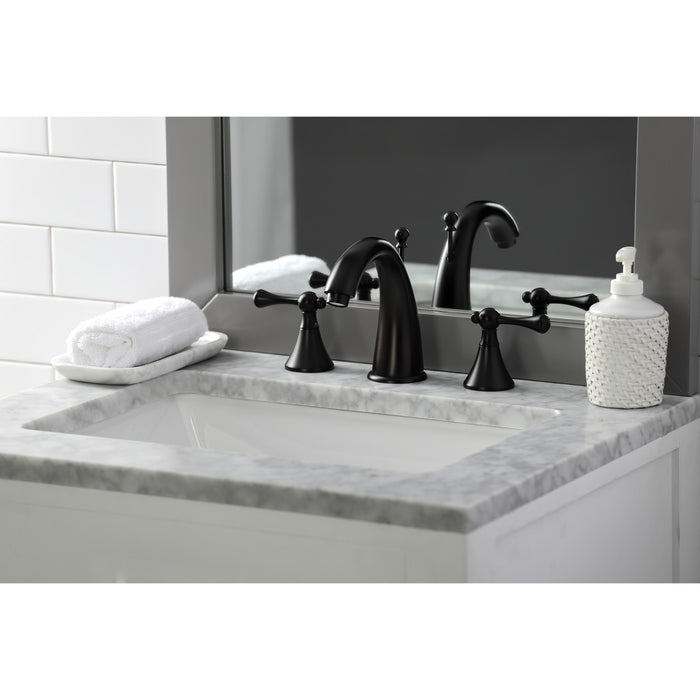 English Country KS2975BL Two-Handle 3-Hole Deck Mount Widespread Bathroom Faucet with Brass Pop-Up, Oil Rubbed Bronze