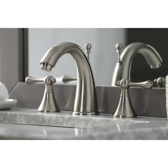 English Country KS2978BL Two-Handle 3-Hole Deck Mount Widespread Bathroom Faucet with Brass Pop-Up, Brushed Nickel