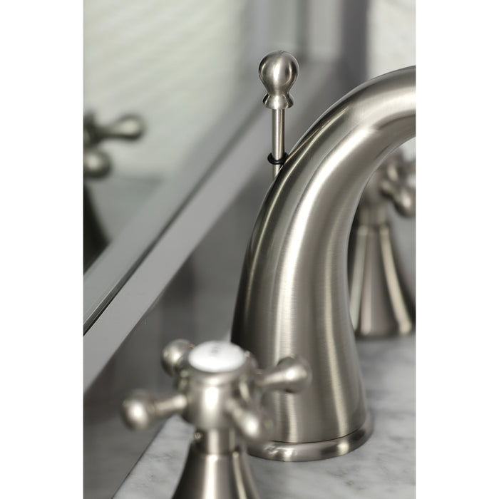 English Country KS2978BX Two-Handle 3-Hole Deck Mount Widespread Bathroom Faucet with Brass Pop-Up, Brushed Nickel