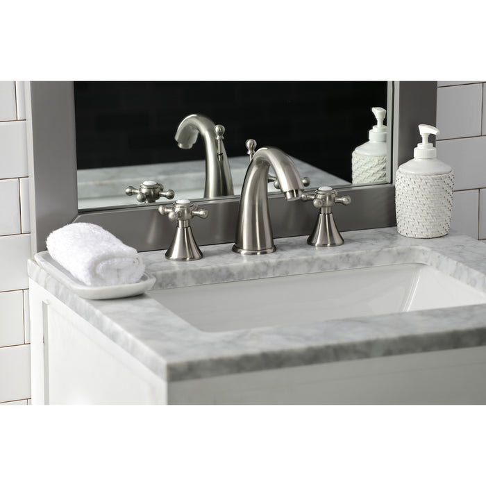 English Country KS2978BX Two-Handle 3-Hole Deck Mount Widespread Bathroom Faucet with Brass Pop-Up, Brushed Nickel
